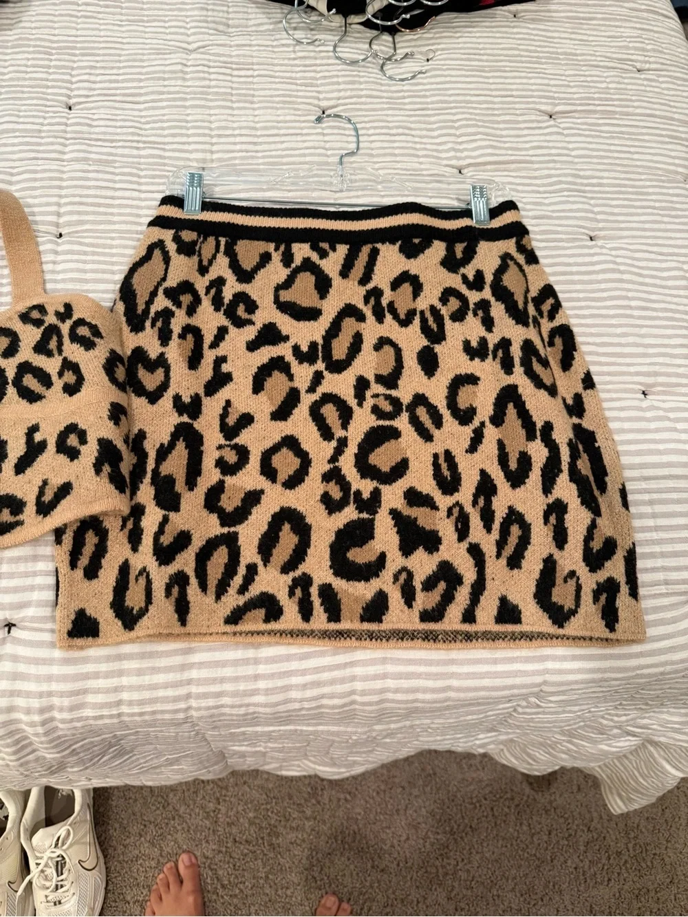 GREY LAB Leopard Print Knit Mini Skirt and crop top in leopard NWT